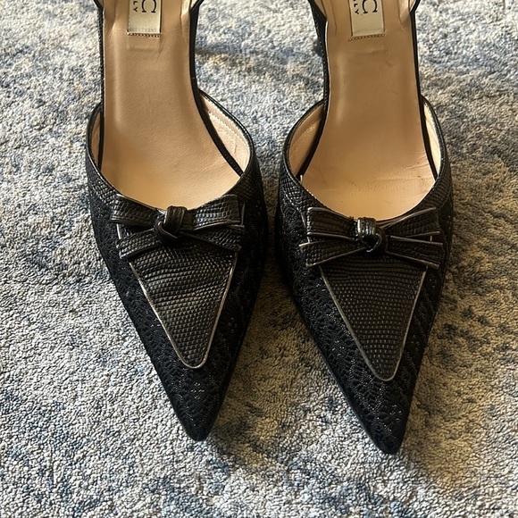 Isaac Made in Italy 8.5 Black Leather & Textile Sling Back Pointed Pumps - Picture 3 of 9
